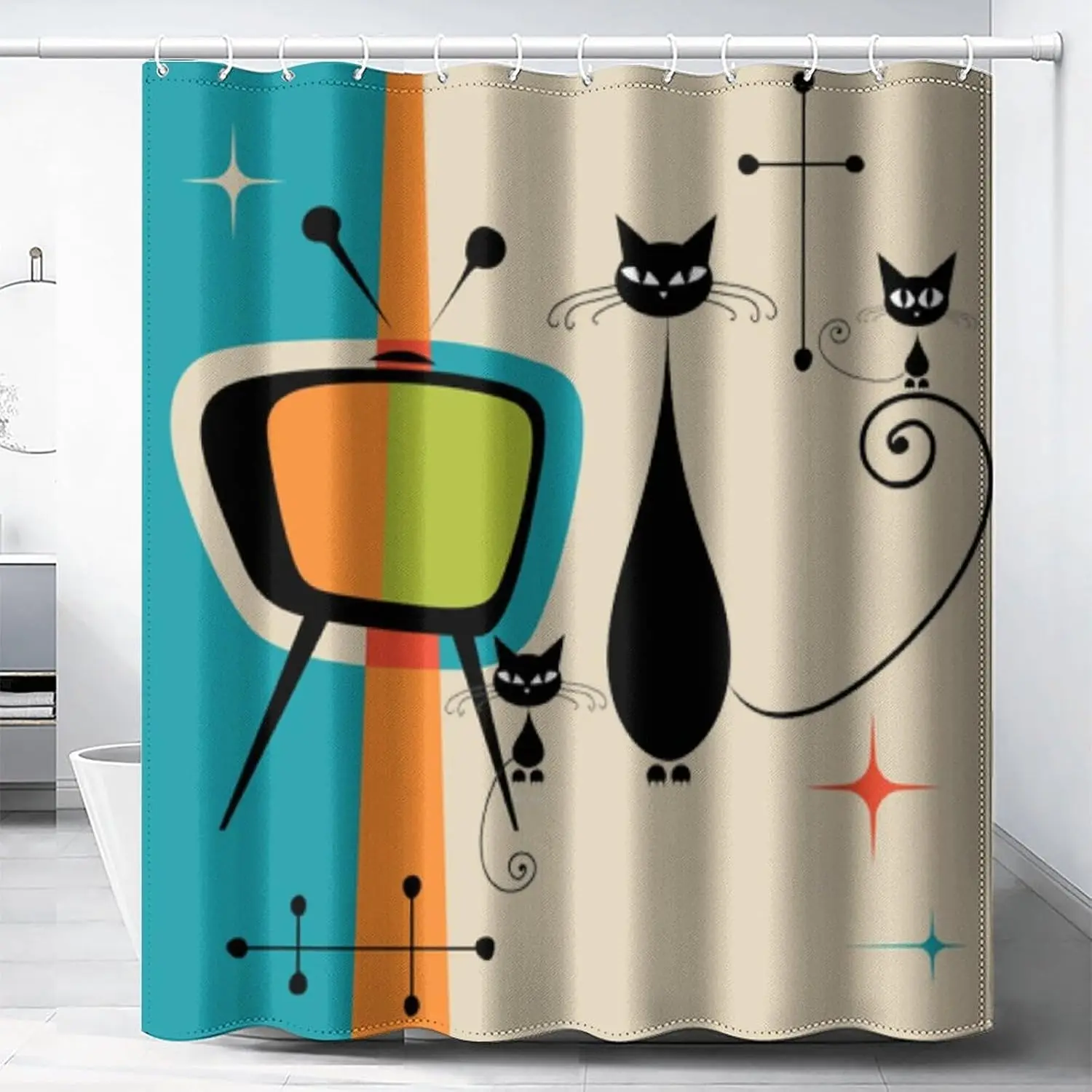Retro Mid Century Modern Shower Curtain, Vintage TV & Black Cat Art, Atomic Starburst Pattern 1950s Style Bath Decor, Waterproof