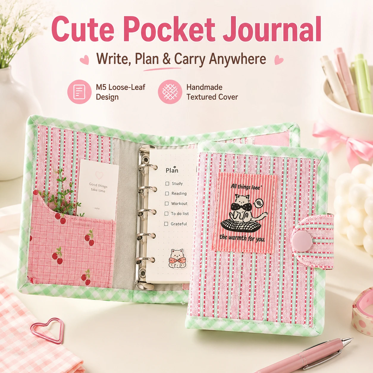 

M5 Loose Leaf Notebook Pink Plaid Cat Pocket Journal 40 Blank Pages Handmade Textured Cover Portable Diary