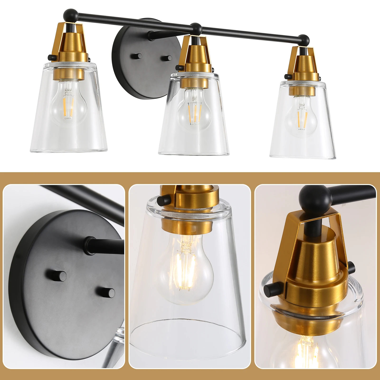 Lampada da bagno moderna a 3 luci nera + bronzo con paralume in vetro trasparente, applique da parete E26 sopra lo specchio per soggiorno camera da letto