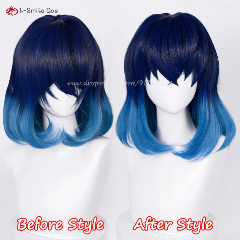 Anime Hashibira Inosuke Cosplay Wig 40cm Short Blue Gradient Inosuke Wigs Heat Resistant Synthetic Hair Halloween + Wig Cap