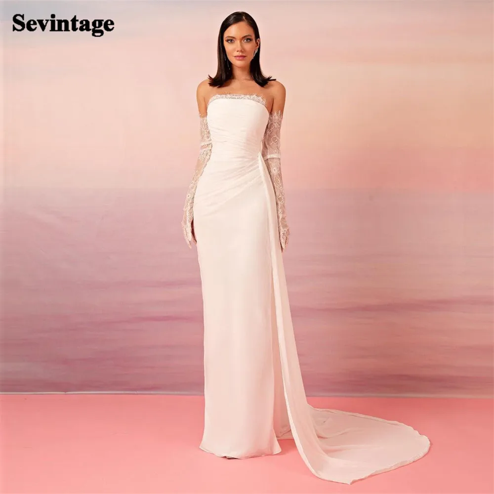 

Sevintage Simple White Saudi Arabic Chiffon Prom Dresses Strapless Floor Length Court Train Formal Women Evening Gowns 2023