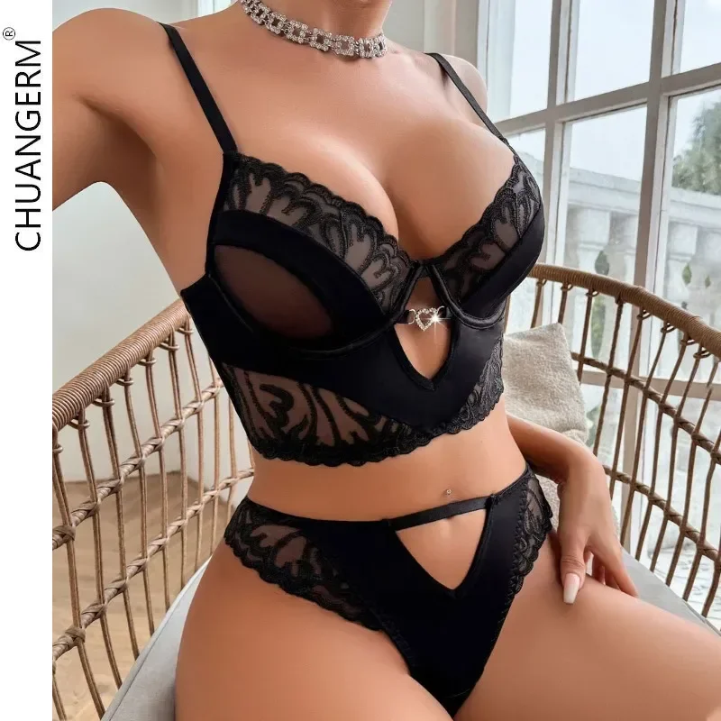 

CHUANGERM 2024 New Lace Sexy Bra lingerie Set Body Shaping Hollow Out Heart Embroidery Mesh Sheer Erotic Two-Piece Onlyfans Kit