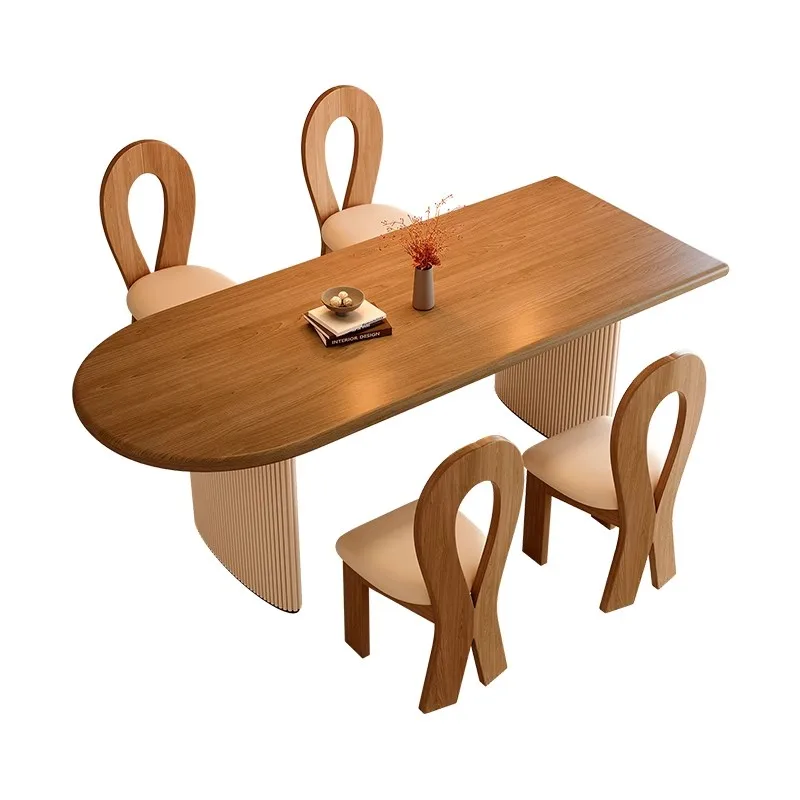 

French cream style solid wood dining table log small apartment home against the wall Nordic light luxury semi-oval island table