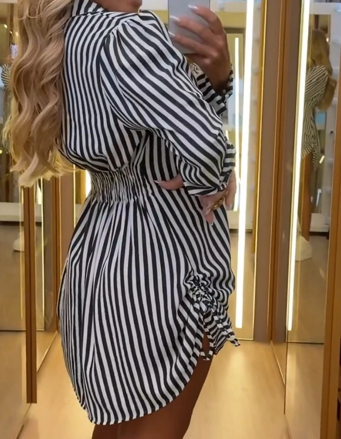 Neue Mode 2024 Sommer lässig gestreifte Seite Kordel zug geknöpft Hemd Kleid sexy elegante Kleider Frauen weibliche Kleidung Outfits