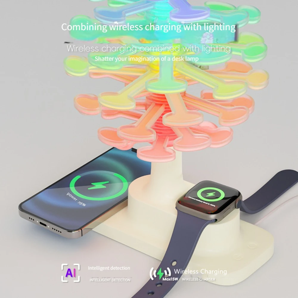 Innovative Lamp Spiral Tree Shape Table Lamp with Colorful Lights And Wireless Phone Watch Charging Pad Bedside Lamp Home Decor