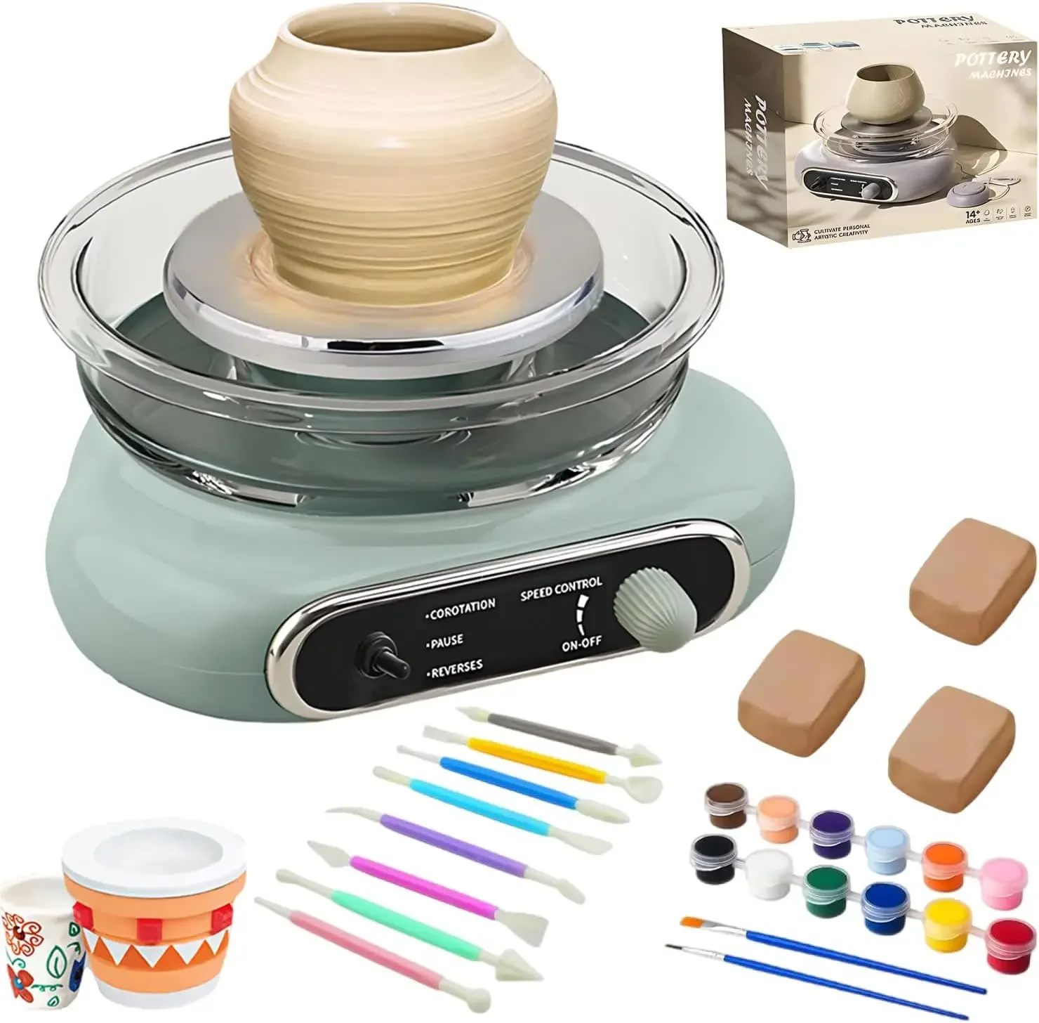 Electric non firing pottery machine, mini clay turntable, stepless speed regulation, including 8 carving tools, DIY