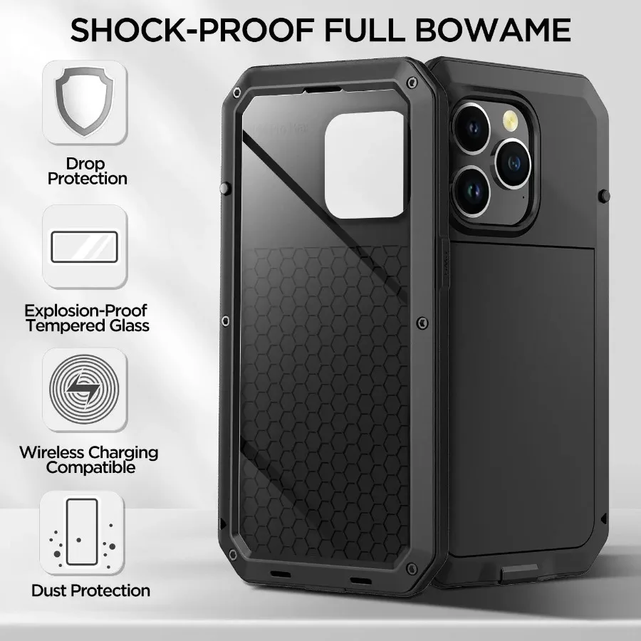 For iPhone 15 14 13 12 11 Pro XS Max XR 8 7 Plus 360 Full Body Protection Aluminum Metal Case Heavy Armor Cover Screen Protector