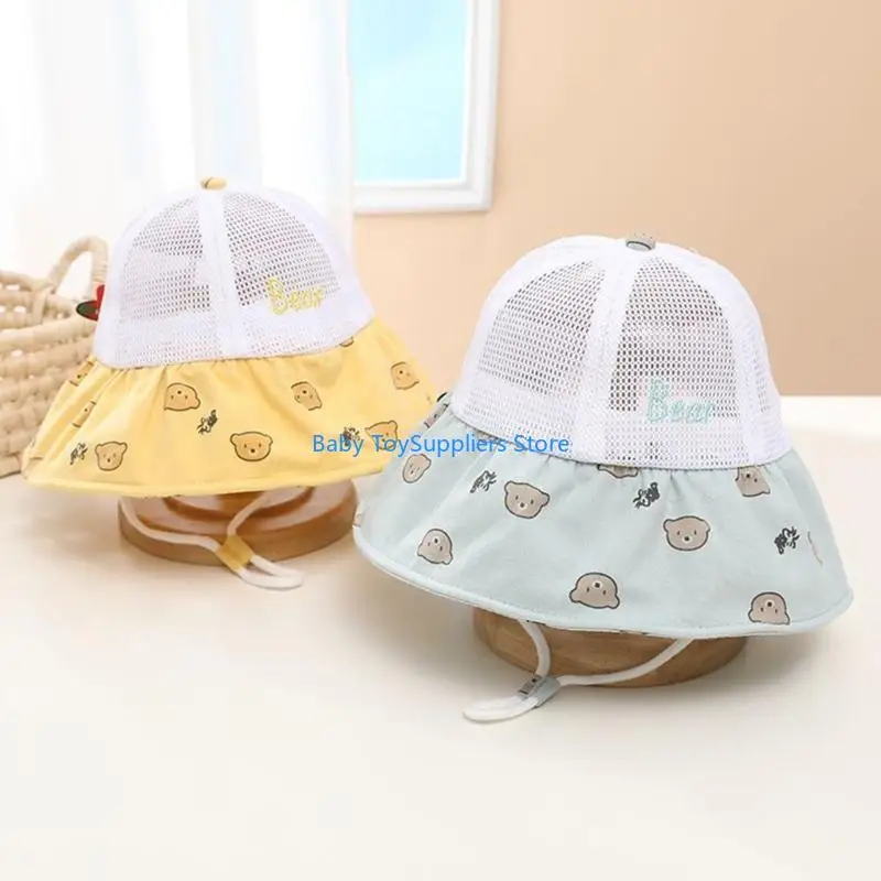 

R1WF Baby Bucket Hat Cartoon Bear Summer Mesh Baby Sun Hat Children Panama Caps
