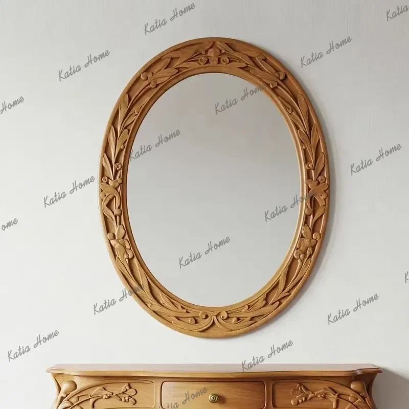 European Baroque Art Retro Decorative Mirror Luxury-Style Hotel Wall-Mounted Bedroom Customization Wooden Frame Dressing Mirror
