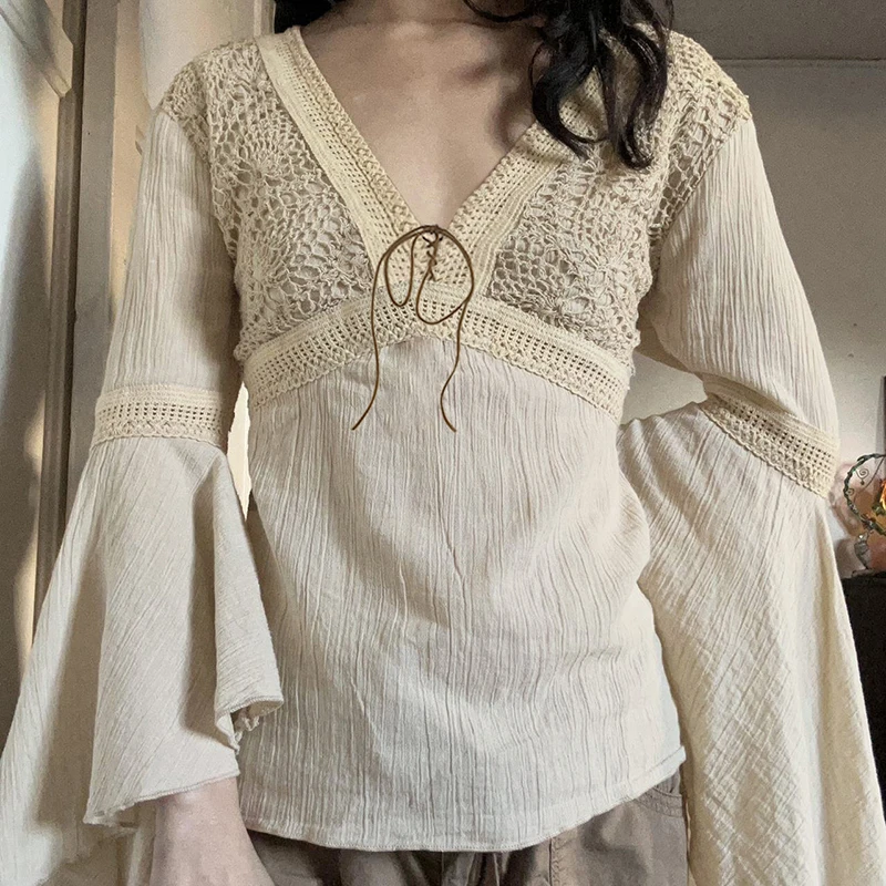 SUCHCUTE Women's Boho Lace V-Neck Blouse Tie-Front Flare, Long Sleeve, Vintage Casual Loose Top Elegant All-Match Fall Outfit