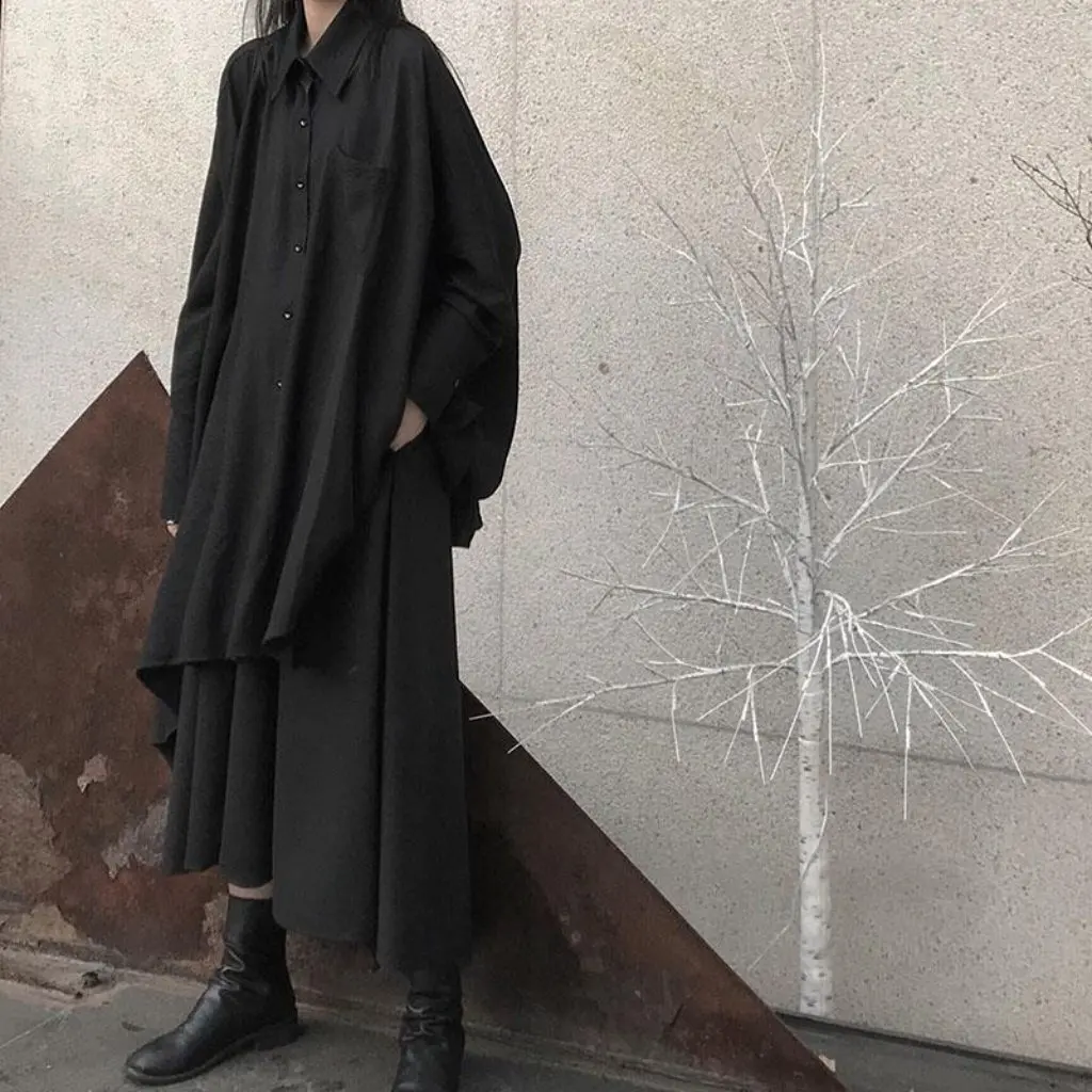 

Женская темная асимметричная рубашка с длинными рукавами и юбкой, комплект весенне-осеннего комплекта из двух предметов в гонконгском стиле