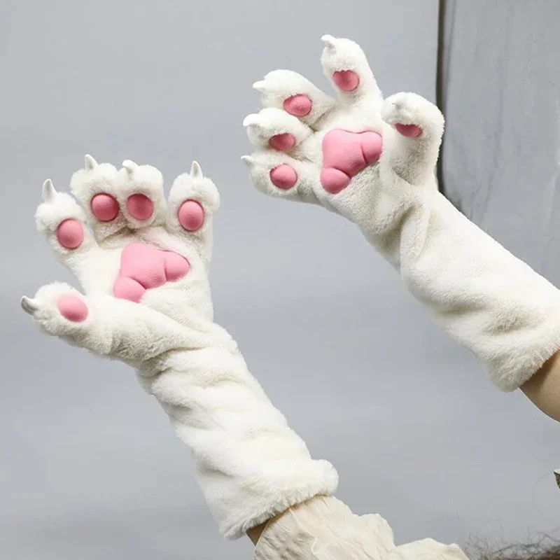 Gants de patte d'animal en fausse fourrure, coussinets à griffes, chat, ours, renard, loup, mitaines de Cosplay pour Halloween, accessoires de fête Kigurumi de bande dessinée