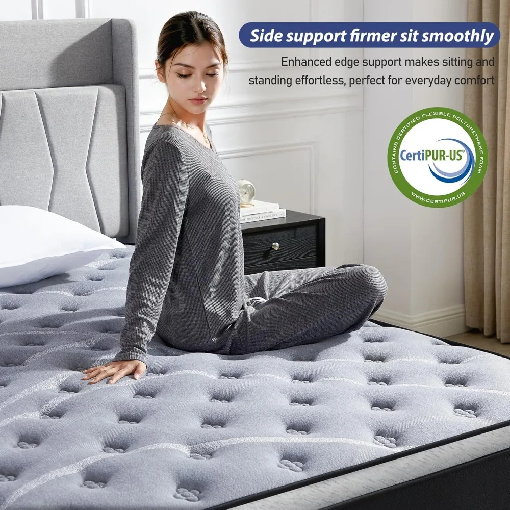 مرتبة بحجم 10 بوصة، مرتبة هجينة من إسفنج الذاكرة مزدوجة في صندوق، نوابض جيب لتخفيف الضغط، شركة متوسطة، ألياف زجاجية