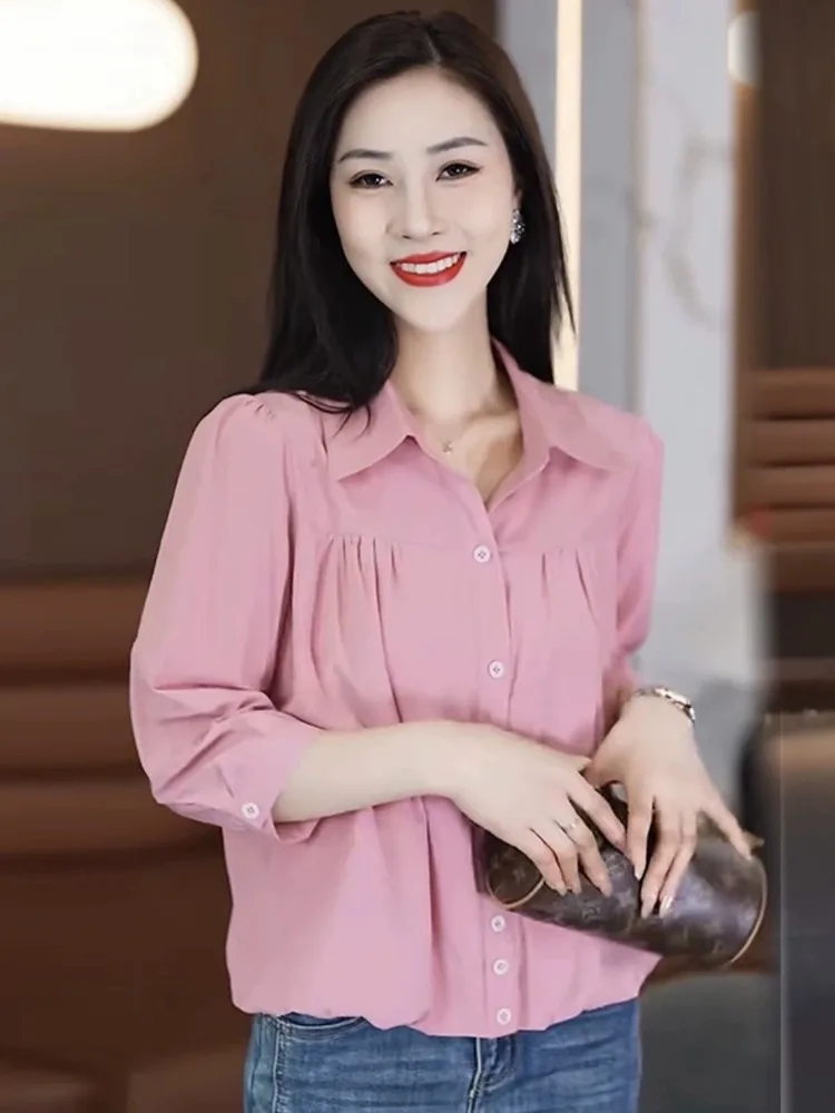 

Повседневная однотонная рубашка с рукавами миди, стильный свободный топ, стройнящий фигуру, модный корейский стиль, с пуговицами, стандартной длины, летняя новинка