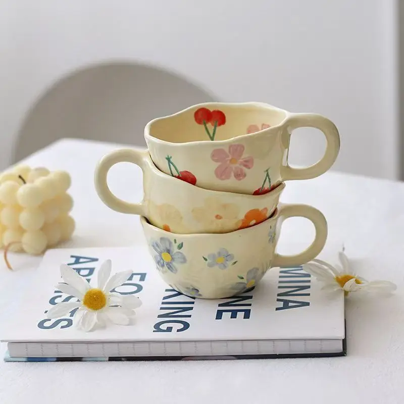 Cute Hand Painted Floral Ceramic Mug Microwave Safe Irregular Rim Coffee Tea Cup for Home Office Breakfast Beverage Drinking