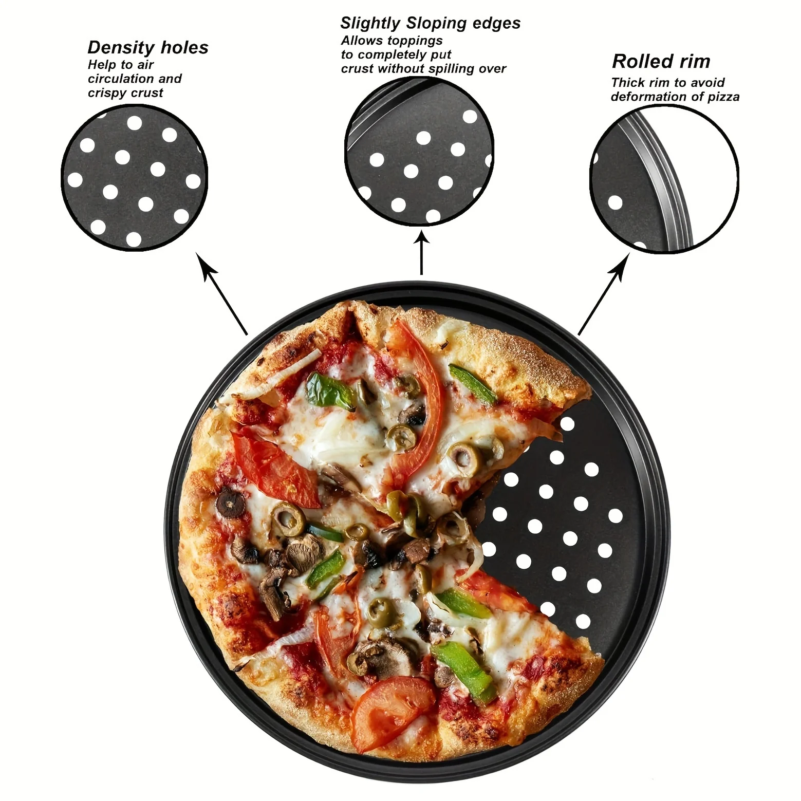 صواني هش البيتزا المصنوعة من الفولاذ الكربوني غير اللاصق، قالب صينية خبز البيتزا مع ثقوب، طبق عميق مستدير #3