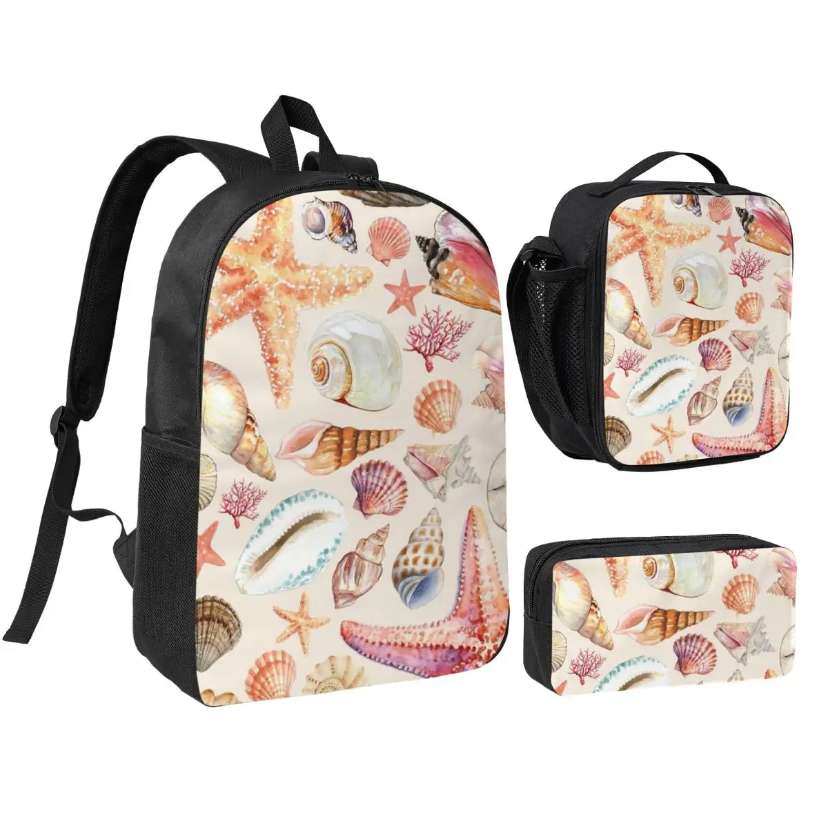 Colorful Watercolor Shell Pattern Backpack Boys Girls BookBag School Bag Shoulder Bags 3ps Insulated Lunch Bag Pencil Case