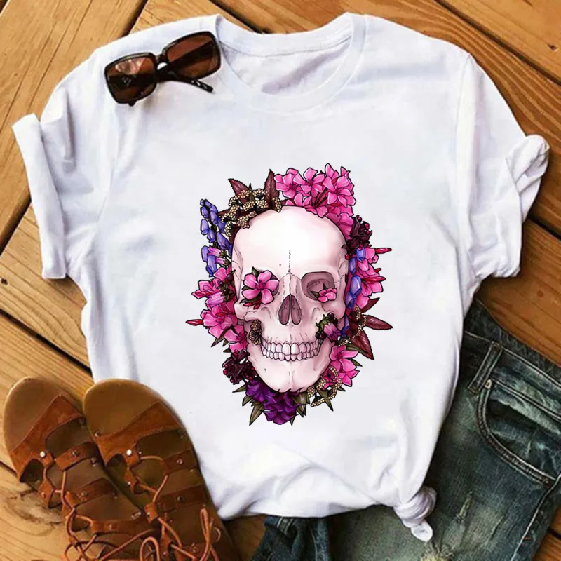 Sugar Flowers Skull Punk Patches for Clothes Heat Transfer Themal Stickers DIY Kids T shirt Iron on for Women Fashion Appliqued