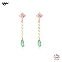 Aide 925 Sterling Silver Square Pink Zircon Long Chain Tassel Oval Green Crystal Charm Dangling Drop Earrings For Women Girl