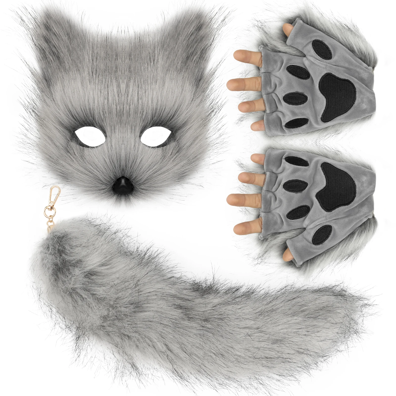 Fluffy Fur Fox Tail Keychain Cat Paws Gloves and Wolf Therian Mask Set for Halloween Cosplay Costume Accessories