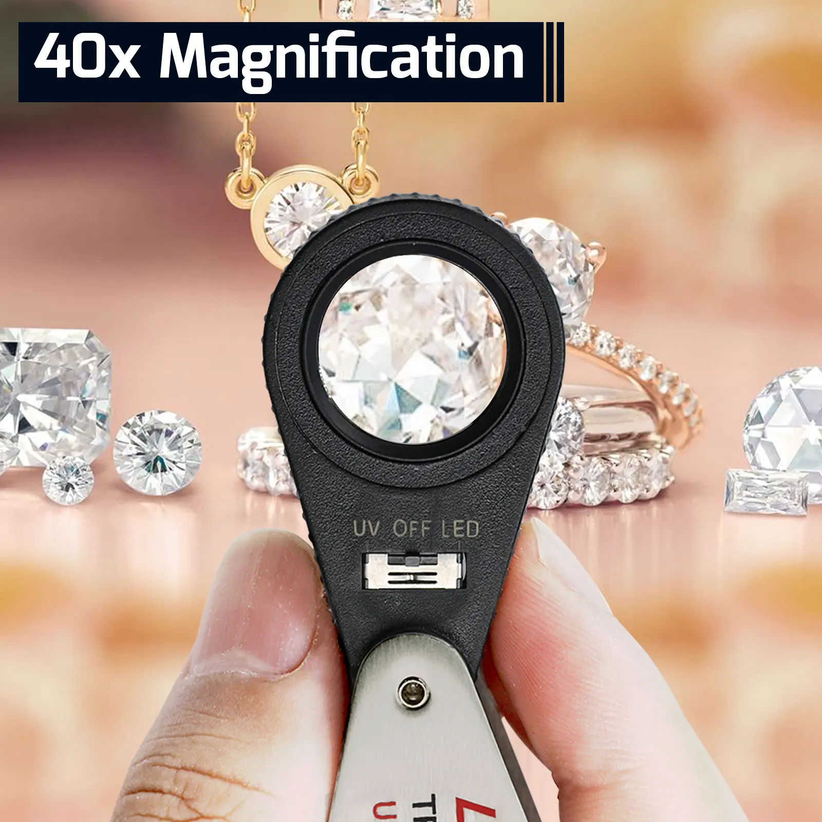 10X-40X High Quality Jewelry Magnifier Gem Loupe Optical Triplet Lens 6 LED UV Lights Achromatic Aplanatic Rechargeable Foldaway