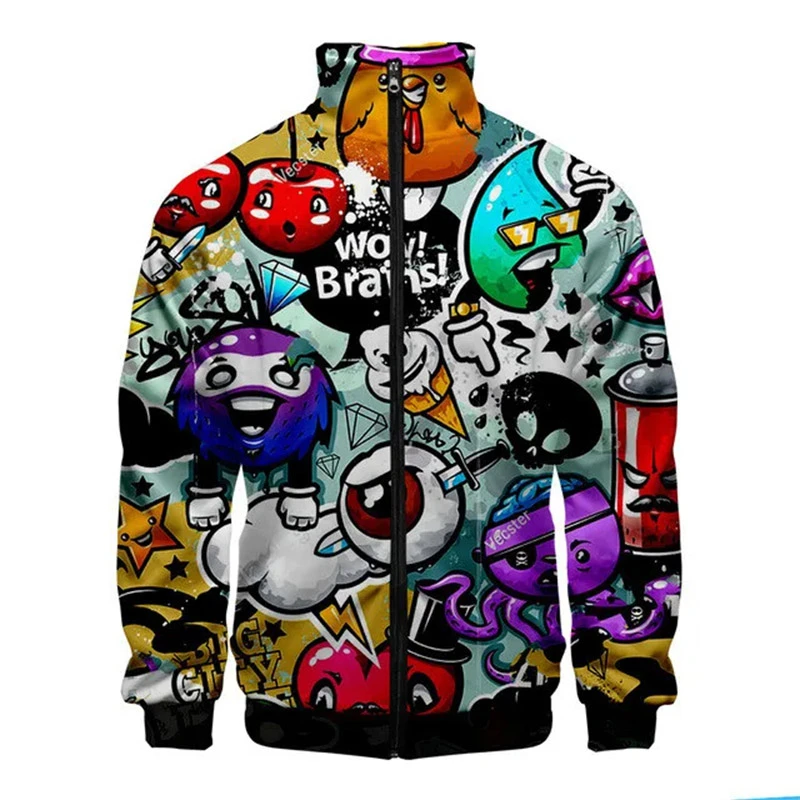New Funny Graffiti Pattern Jacket Men Harajuku Hip Hop Style Coat Casual Stand Collar Zipper Apparel Boy Sweatshirt Jackets Top