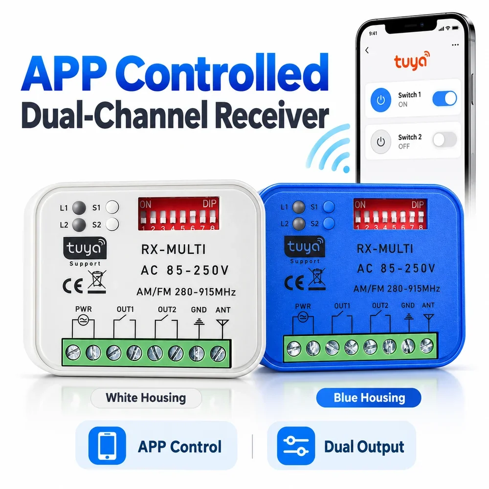 Tuya WiFi Universal Receiver 280-915MHz AC 85-250V / AC/DC 9-30V 2CH Multi-Protocol Remote Control Switch for Garage Door G