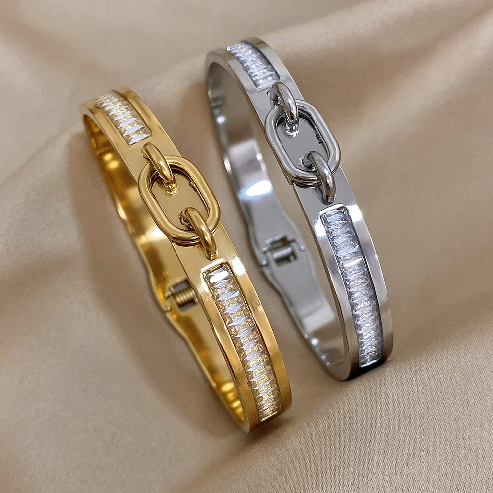 

Freetry Punk Lock Buckle Inlaid Zircon Stainless Steel Bangles for Women Chic Bling Waterproof Bracelets Delicate Jewelry Gift
