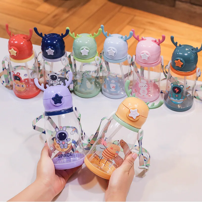 

600ml Children's Water Bottle For School Portable Pupils Baby Anti Drop Cup Cute Cartoon Girls Water Bottle with Straw
