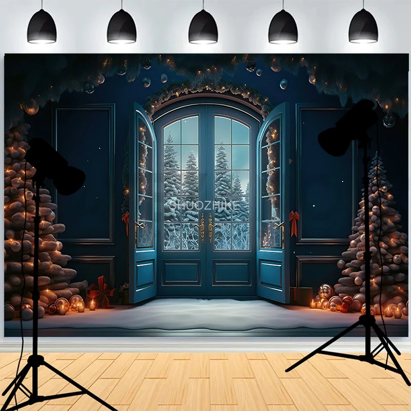 

Christmas Wreath Large Window Xmas Decoration Background Warmth Living Room Family Happiness Party Photography Backdrops AG-10