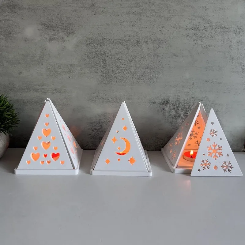 Hollow Pyramid Silicone Mold Snowflake Starry Sky Love House LED Light Candle Holder Mold Warm Light House Resin Gypsum Molds