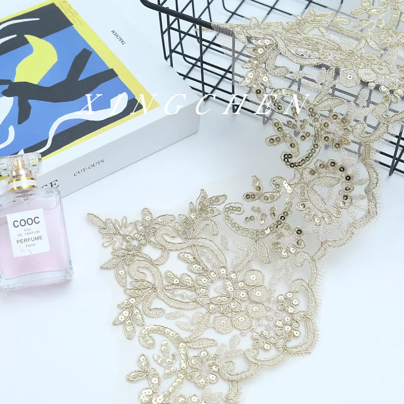 1 Yard 20cm wide Gold Thread Cording Lace Embroidery Lace Dress Home Textile Sequin Triming Dance Clothes DIY Materail