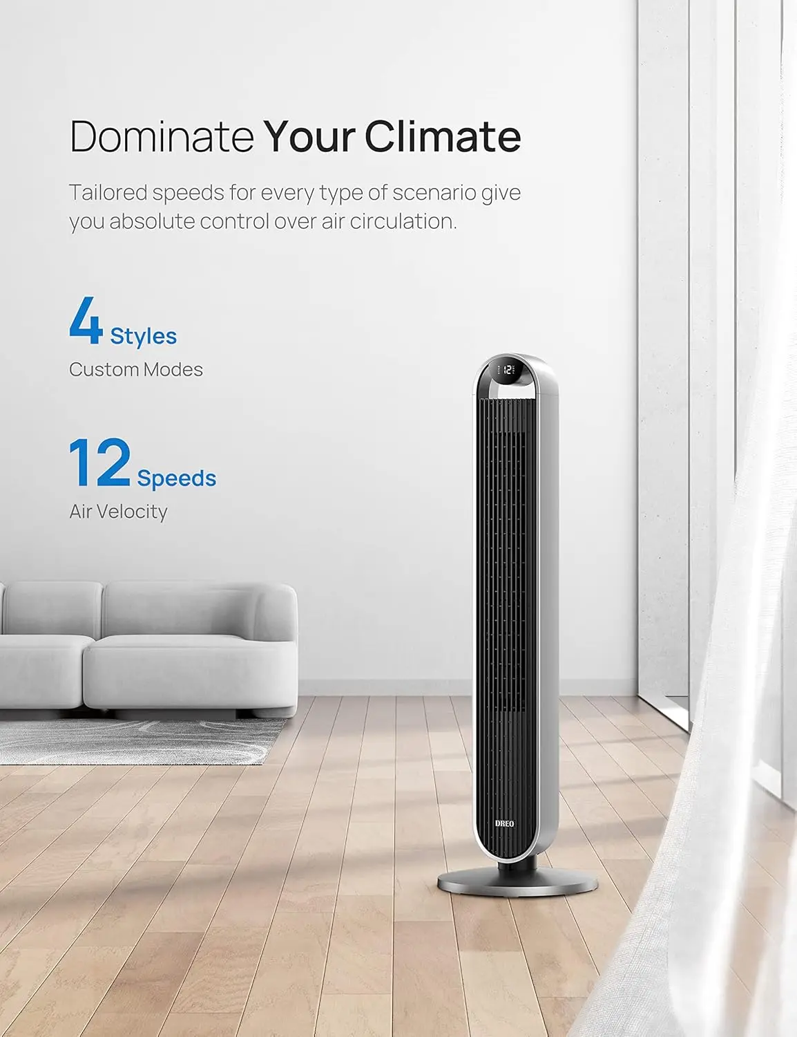 Tower fan for bedroom, 12 speed, 4 mode, 12 hour timer cooling fan for home, living room