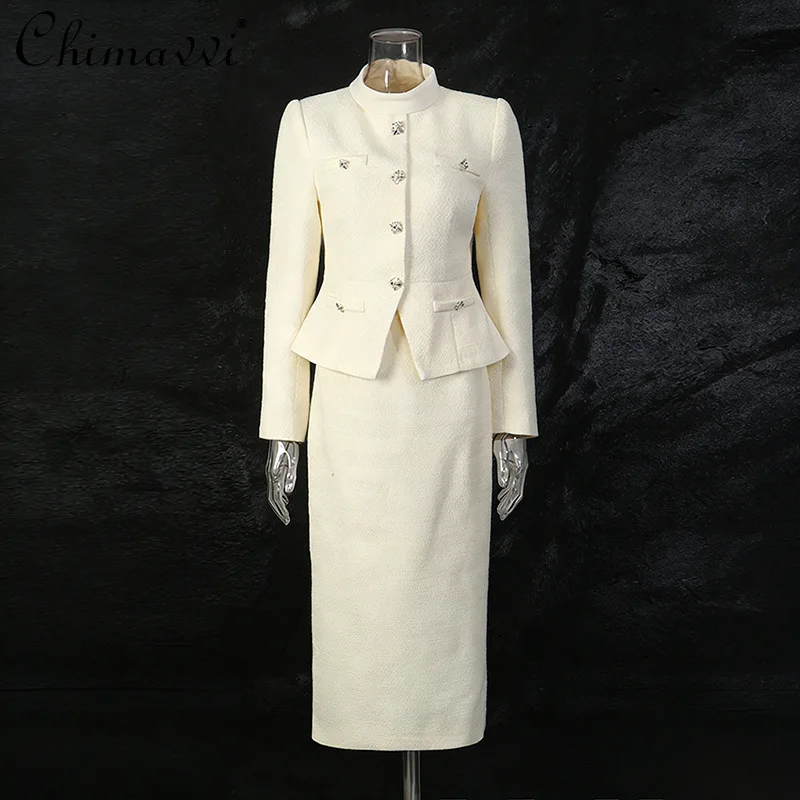 

French Elegant Fashion Socialite Skirt Suits Stand Collar Single-Breasted Slim Blazer High Waist Long Skirts Two-Piece Set Women