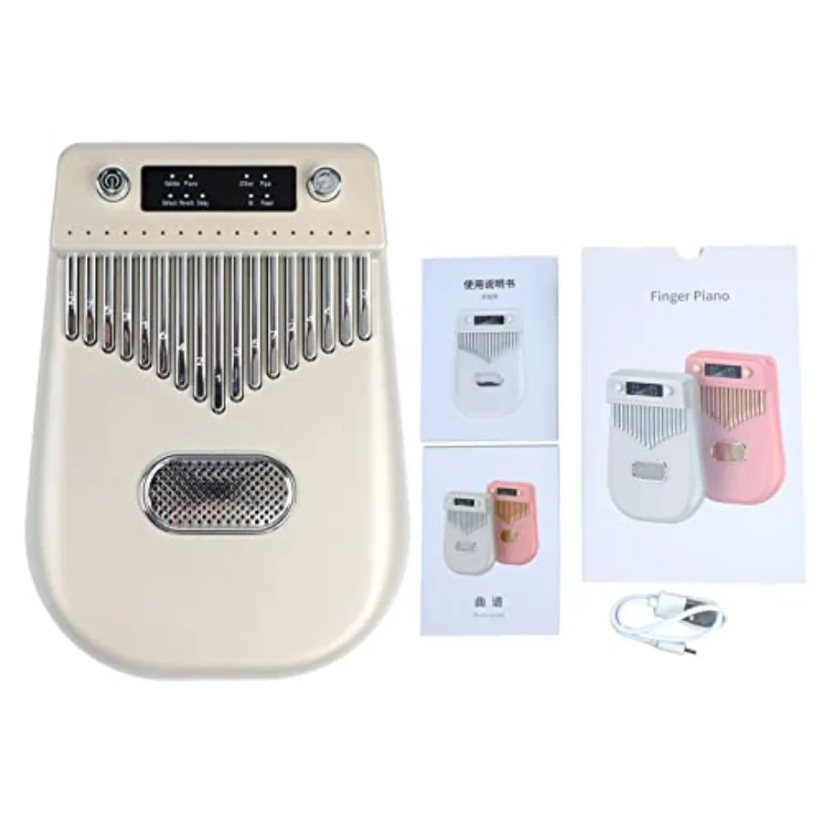 

Portable 17-key kalimba for beginners and kids, made of wood with natural finish, featuring engraved notes and rechargeable bat