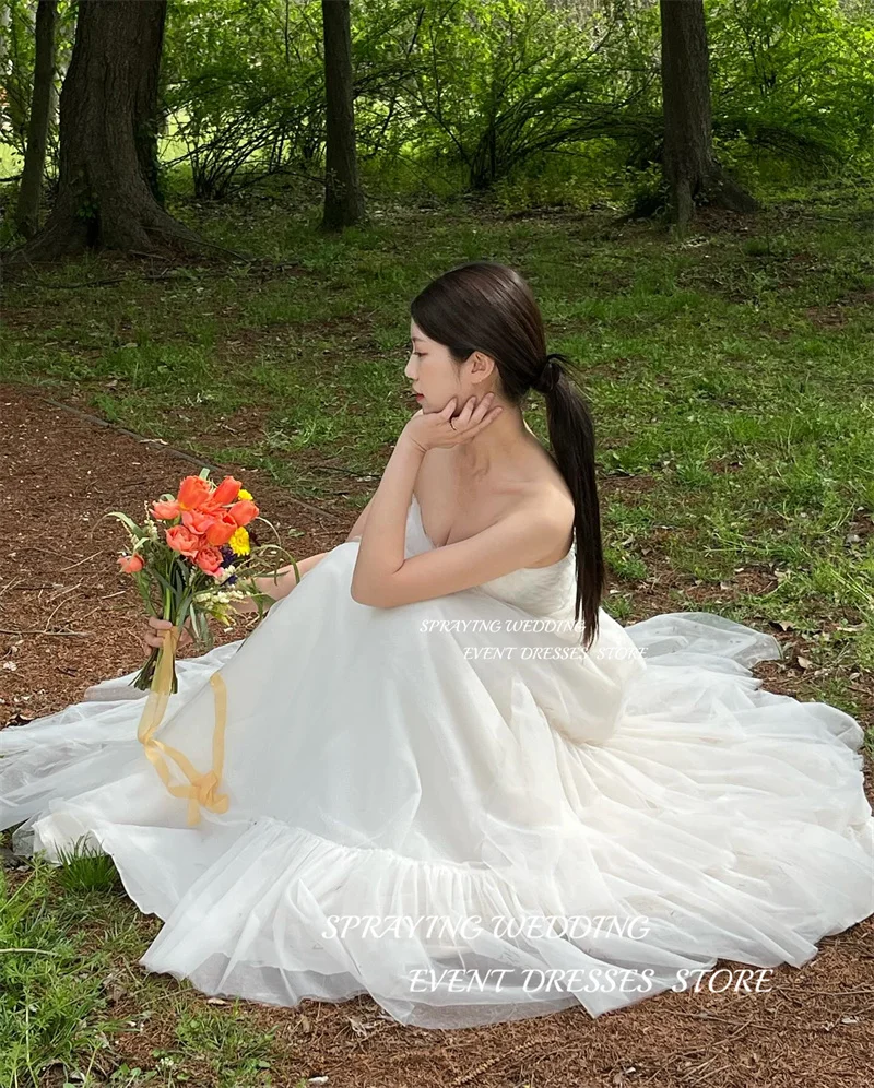 SPRAYING-vestidos de novia sencillos de tul suave, línea A, Corea, escote en forma de corazón, plisado, largo hasta el suelo, corsé, vestidos de novia con espalda descubierta personalizados