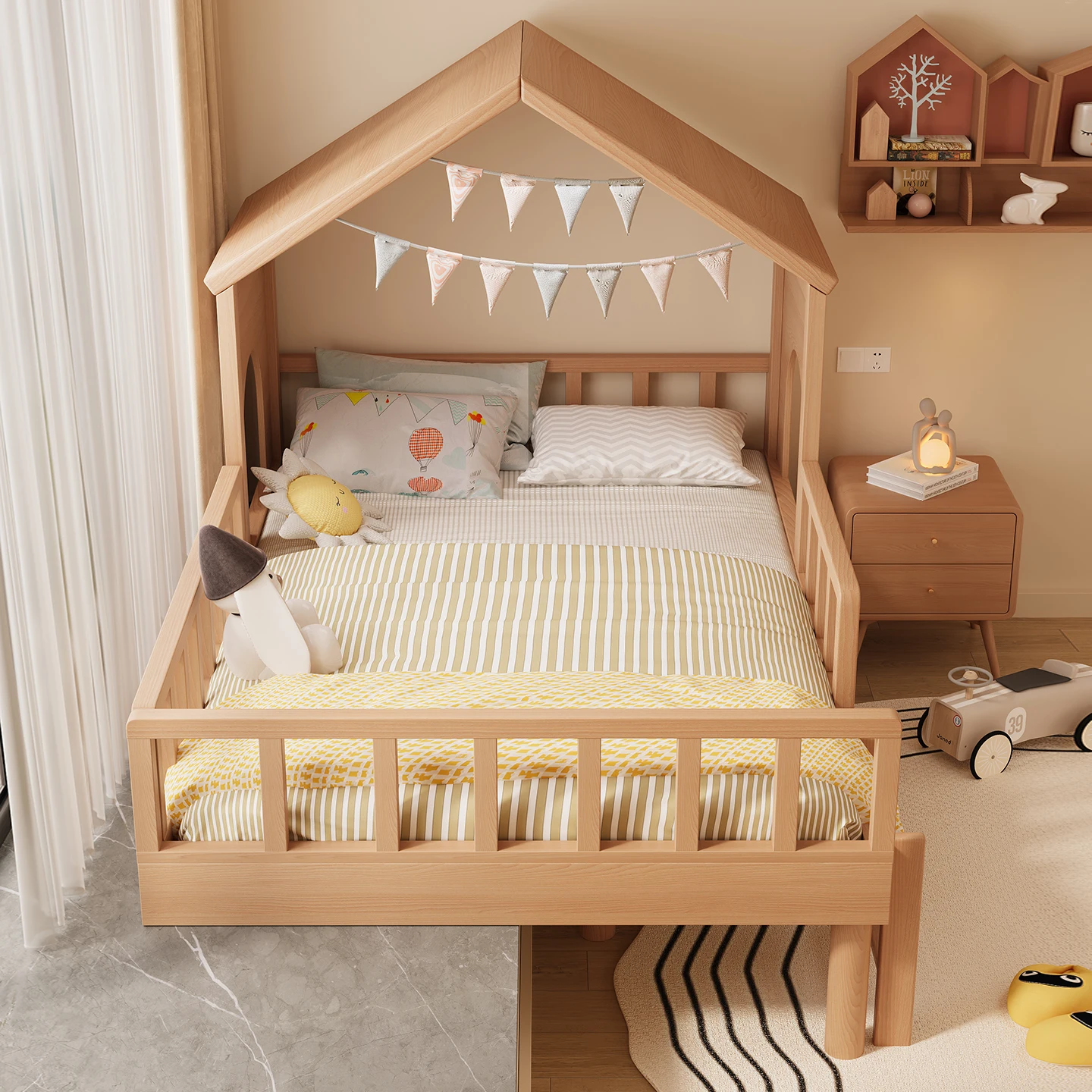 سرير نافذة الخليج مصنوع بالكامل من الخشب الصلب للأطفال Be D Girl Princess Boy Tree House Be D مع حاجز حماية نصف ارتفاع للأطفال B ed