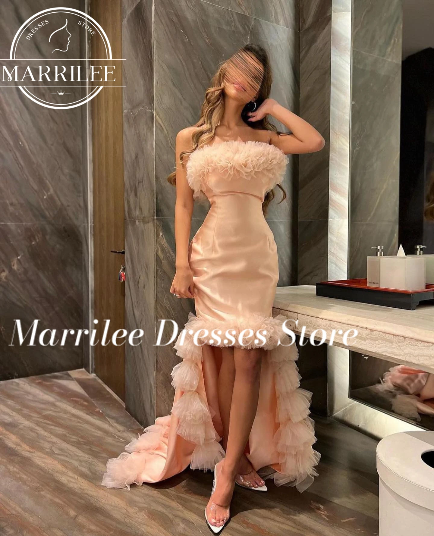 Marrilee High-Low Solid Pink Ruffles Boat Neck Sleeveless Sexy Sweep Train Knee Length Satin High quality Bespoke Occasion Gown