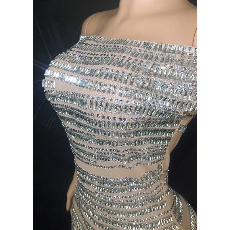 One-word Shoulder Design Full Diamond Slim Dress Nightclub Dancing Singer Performance Suit Catwalk Banquet Party Dress 홀터넥 웨딩드레스