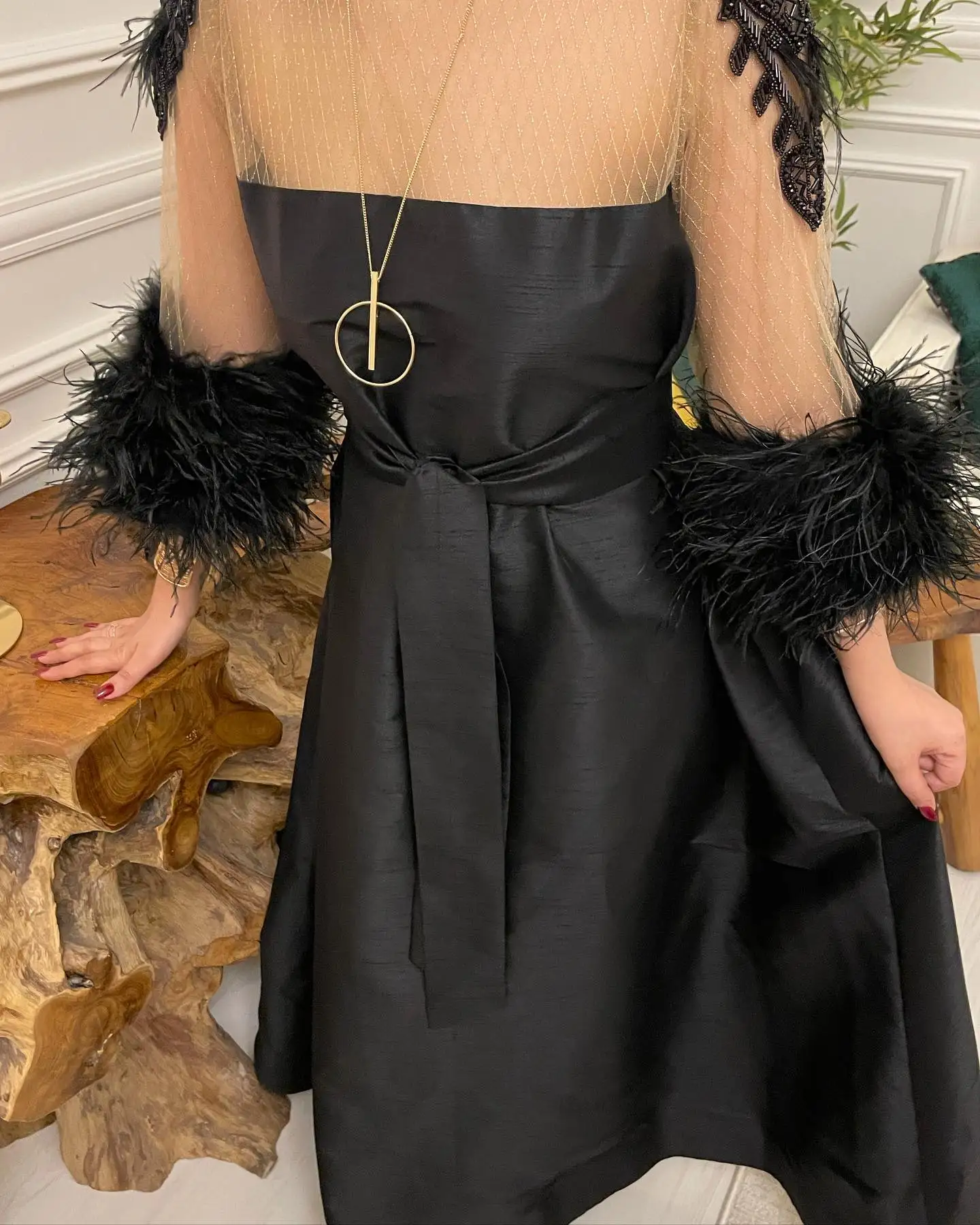 Gaun Malam Kustom Gaun Prom Lengan 3/4 Bulu Sendok Jersey Indah Gaun Pesta Panjang Pergelangan Kaki Sabuk A-Line Klasik