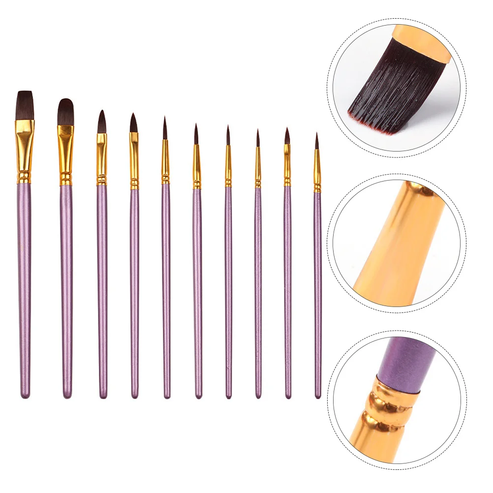 Conjunto de pincéis de pintura a óleo, cabo roxo, aquarela, nylon, lã, cabo de madeira, pincéis de arte para pintura em tela, com 10 peças