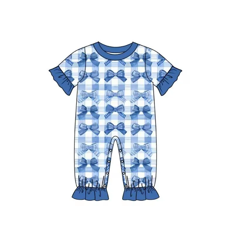 New Born Baby Girl Bow Pattern Onesie Multiple Prints Short Sleeve Ruffle Cuff Snap Jumpsuit