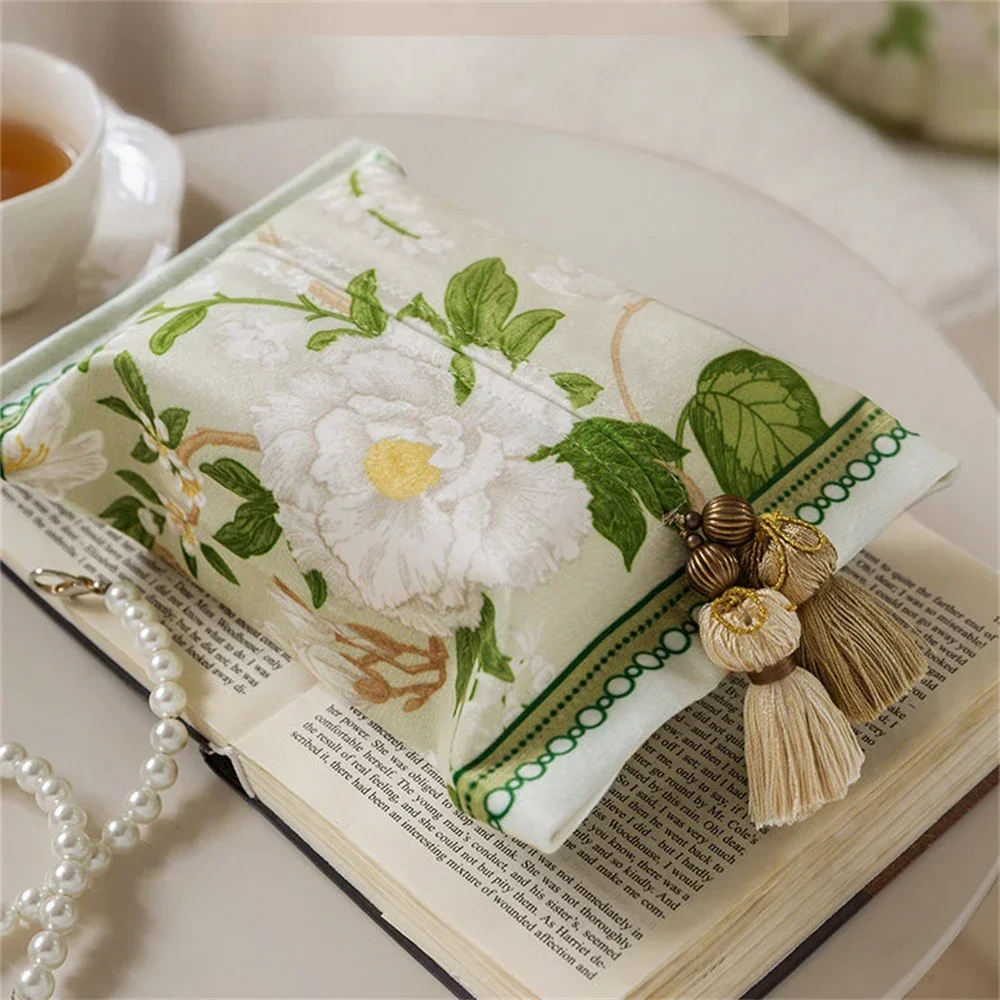 French High-end Car Tissue Box Living Room Home Decoration Printing Storage Short Velvet Fabric Tissue Set Green Pastoral Style