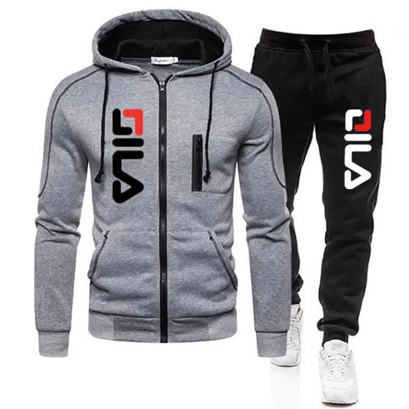 

New men's single zipper top hooded pullovers + sport pants casual jogging sportswear 2 pieces, men's street fitness set
