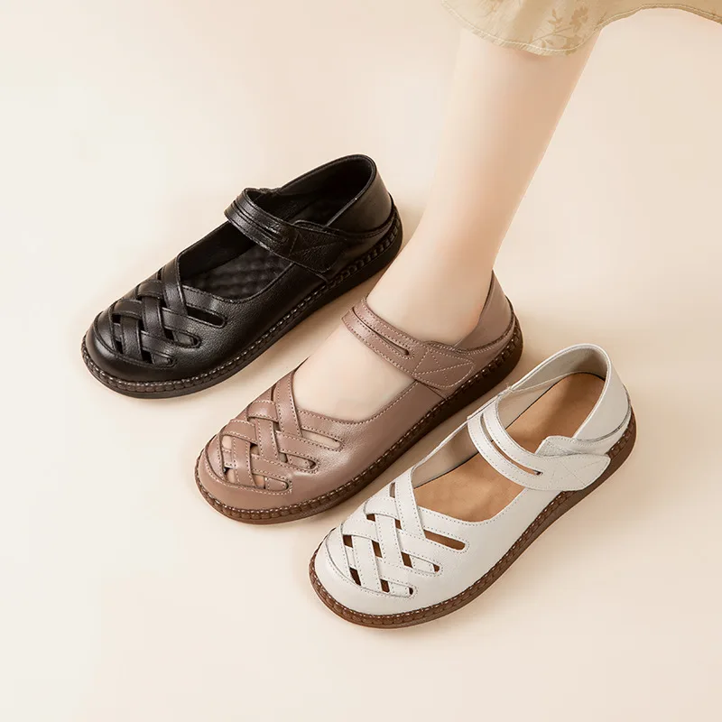 

GKTINOO Hollow Genuine Leather Breathable Soft Flat Sandals Summer Women Shoes Woman Casual Solid Buckle Strap Ladies Sandals