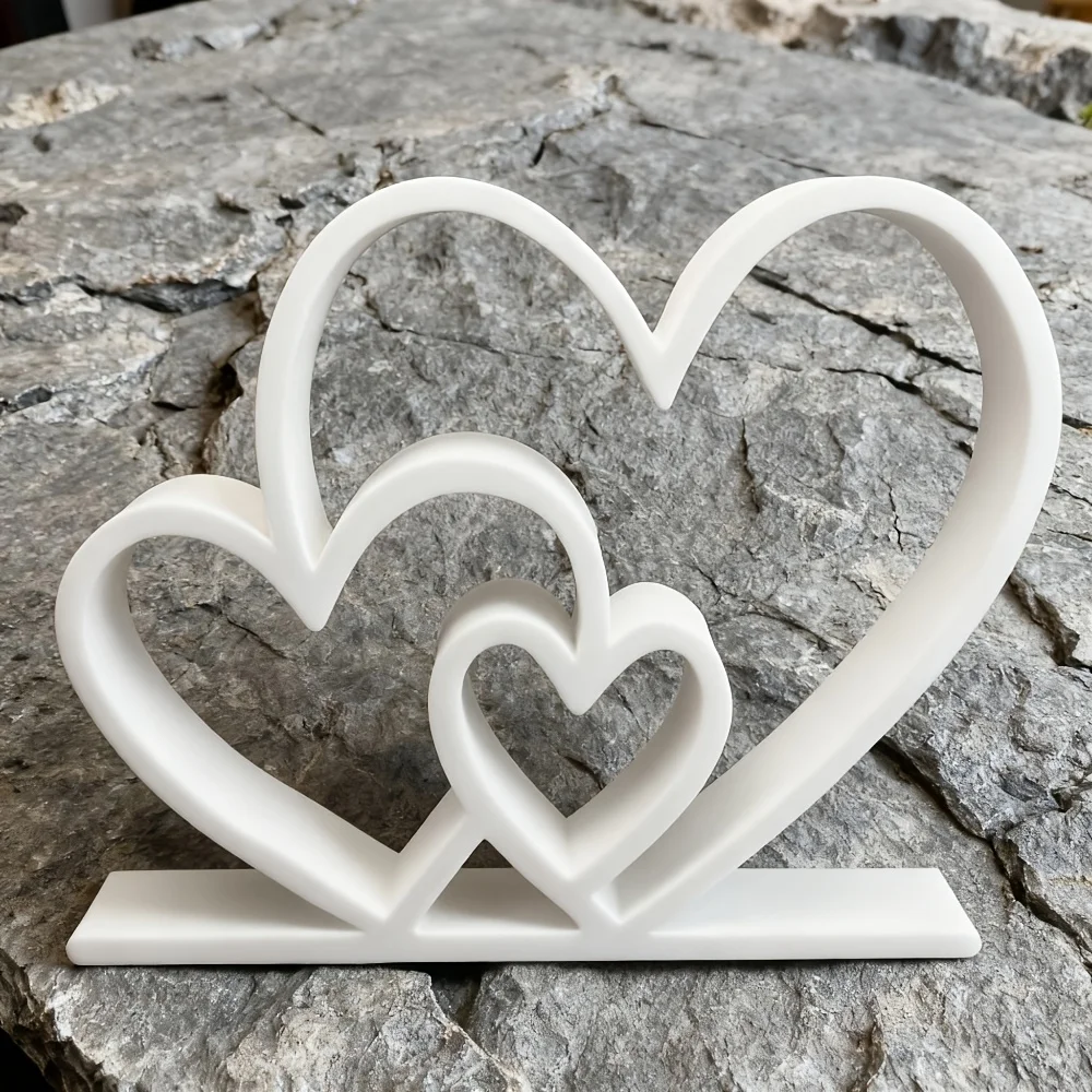 Heart shaped romantic couple sculpture, three connected statues of hearts - love themed ornament, romantic couple anniversary