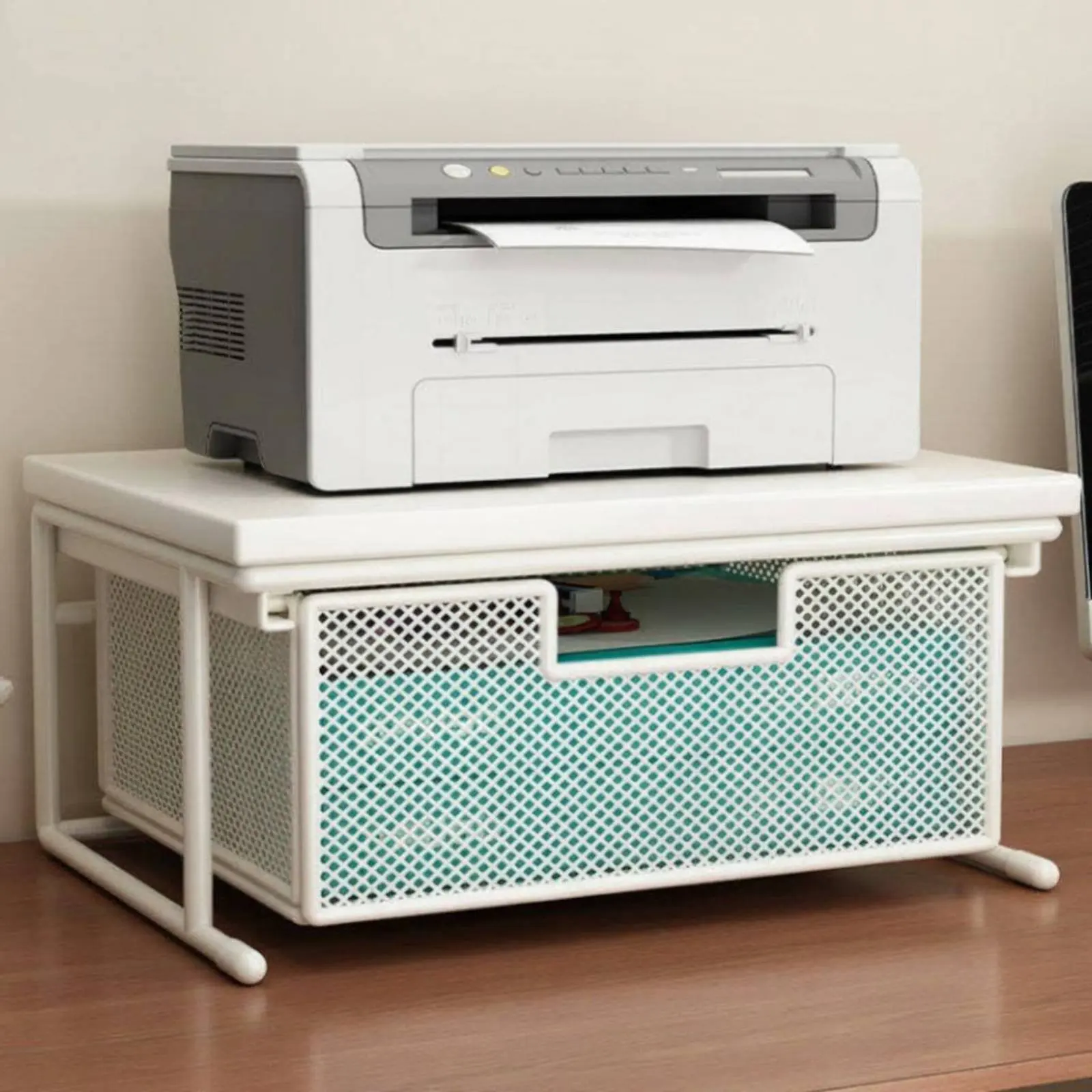 

Printer Stand with Drawer Space Saving Desktop Printer Stand Desktop Shelf Wood Desktop Surface Storage Metal Frame