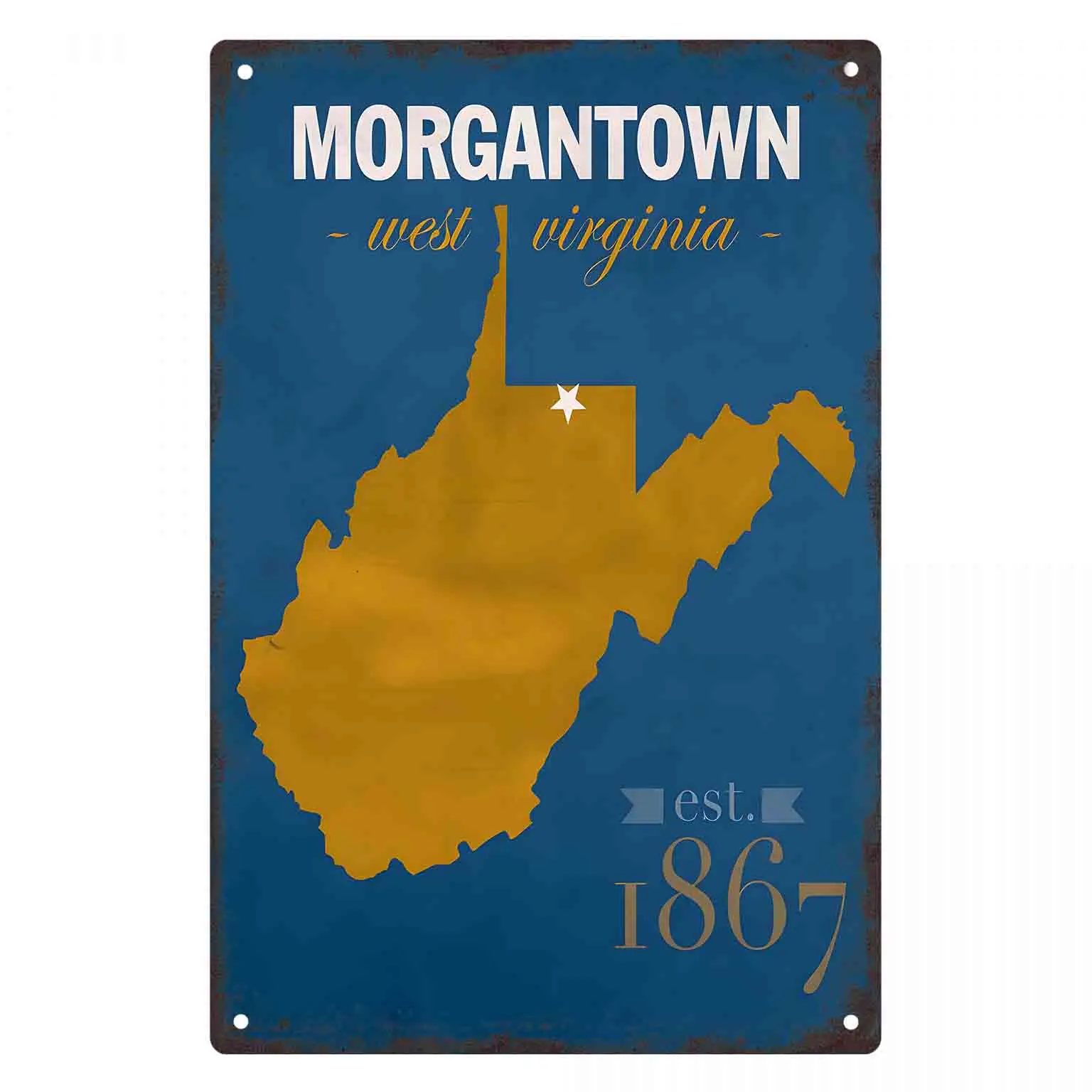 2D FLAT 1pc Morgantown West Virginia Gold Map Metal Wall Sign Decoration for Home Cafe Garage Bedroom Porch And Garden