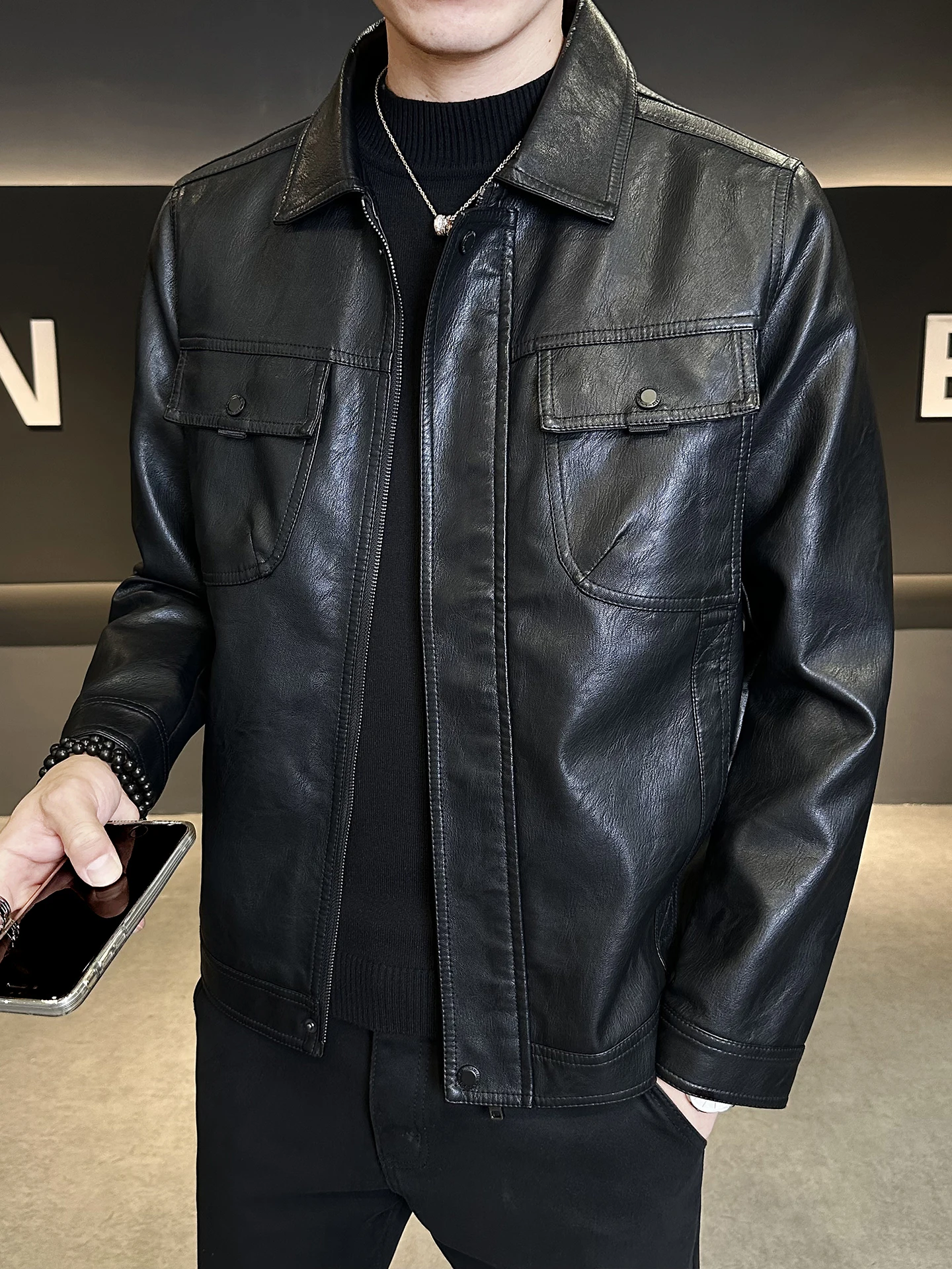 

Casual Slim Fit Biker Sle Men's Leather Jaet Trendy Spring Autumn PU Leather Coat with Multiple kets Youthful Energy S...