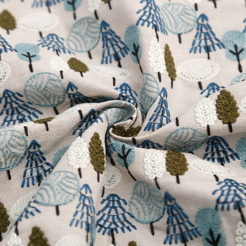 Cotton Linen Forest Tree Embroidered Fabric Dress Bag Home Textile Decoration Diy Sewing Fabric